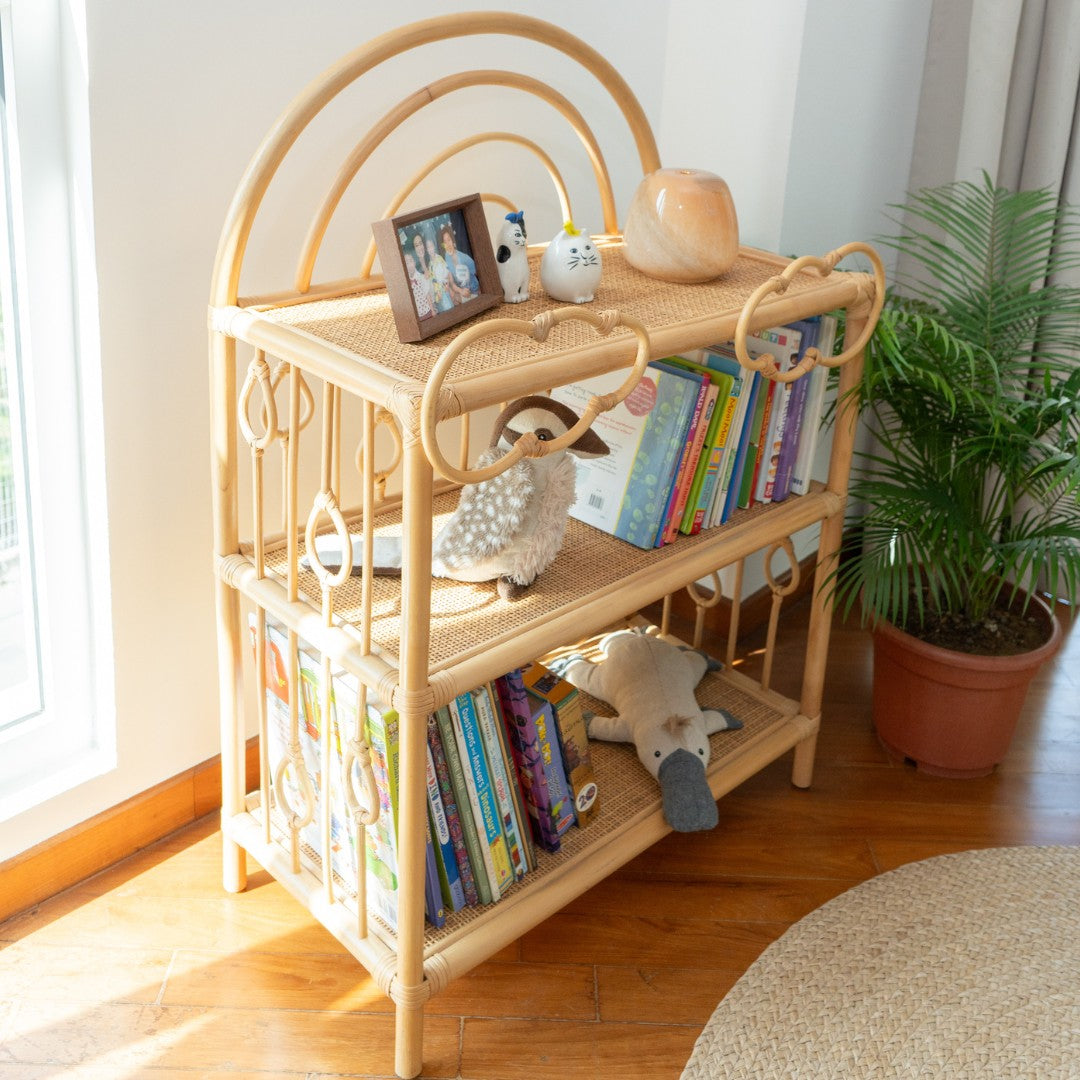 Side view of the After the Rain Shelf by MOMIJI filled with books and toys in a room with a potted plant.