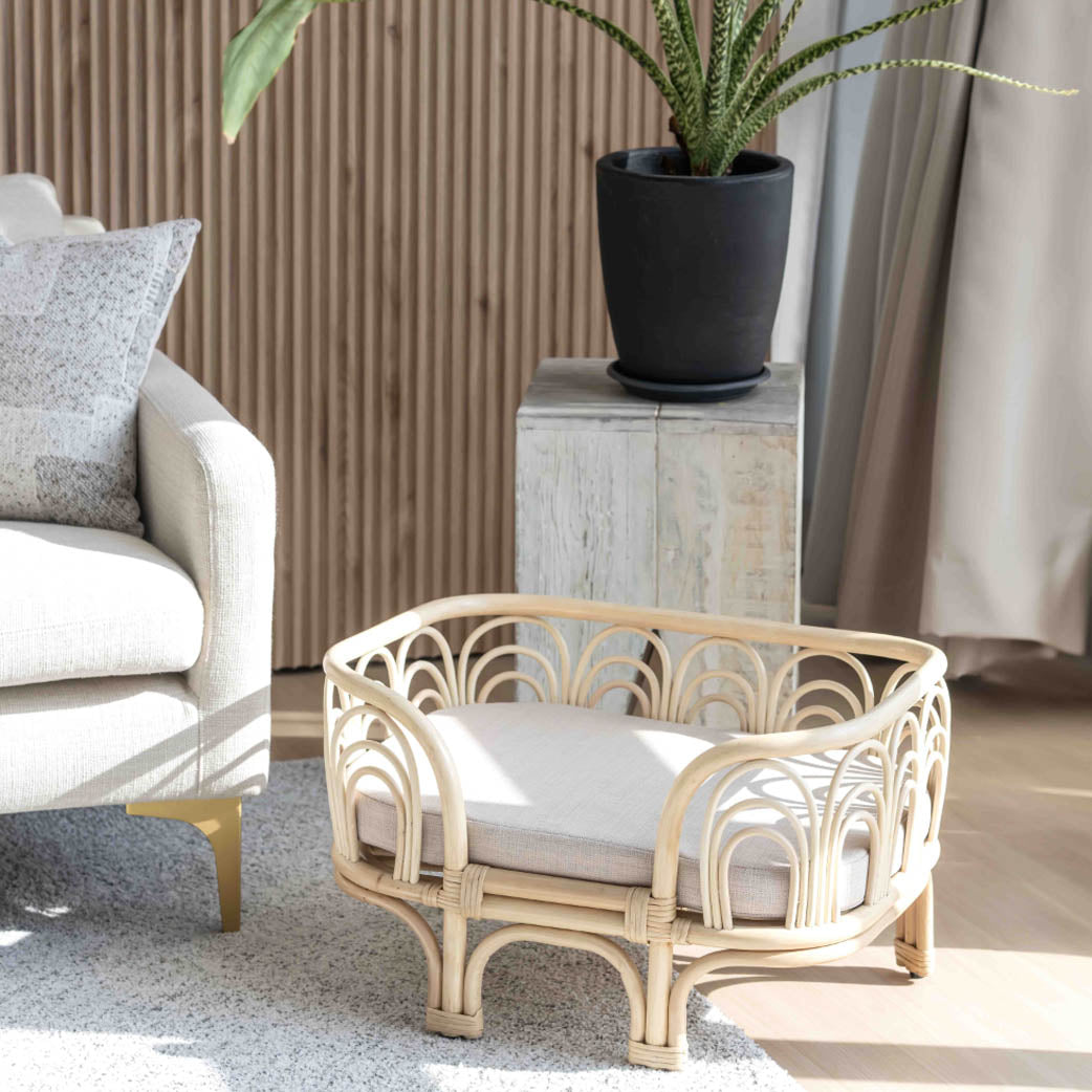 A small Amber Pet Bed by MOMIJI placed on a white rug, with a cushion inside and a potted plant in the background.