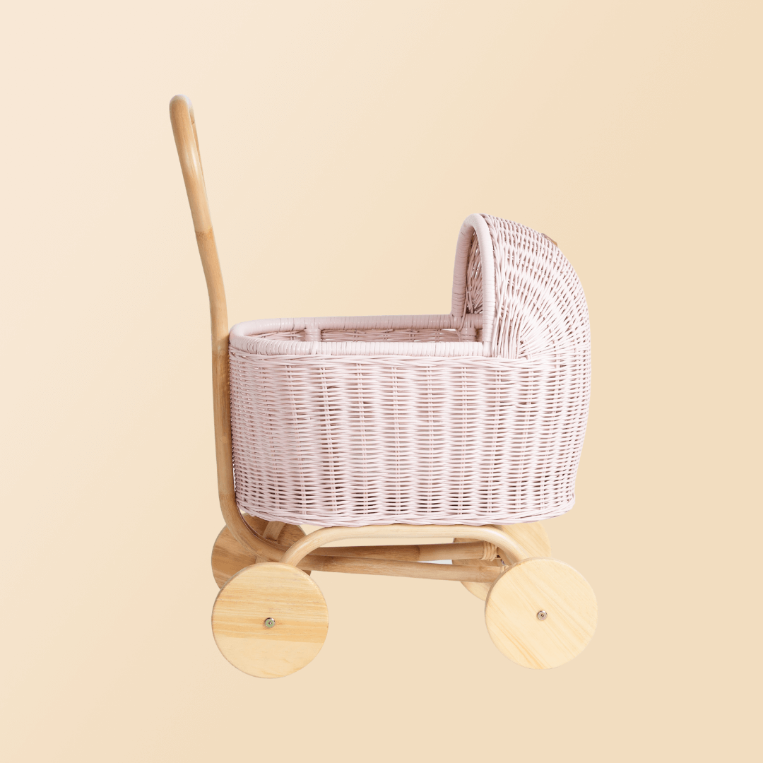 Side view of the Colette Doll Stroller by MOMIJI, showing its compact and playful design.