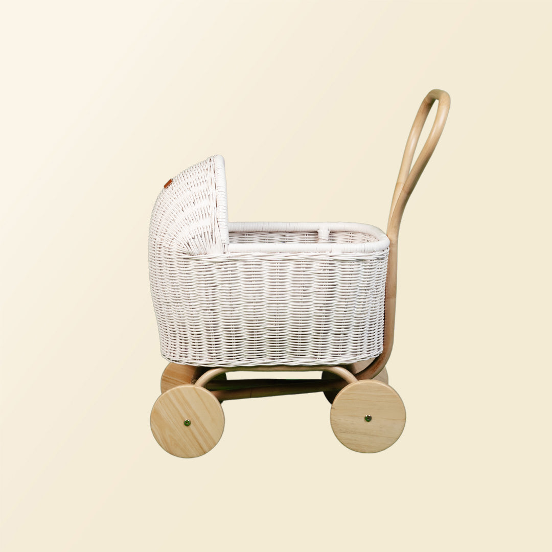 Side view of the Colette Doll Stroller by MOMIJI in white.