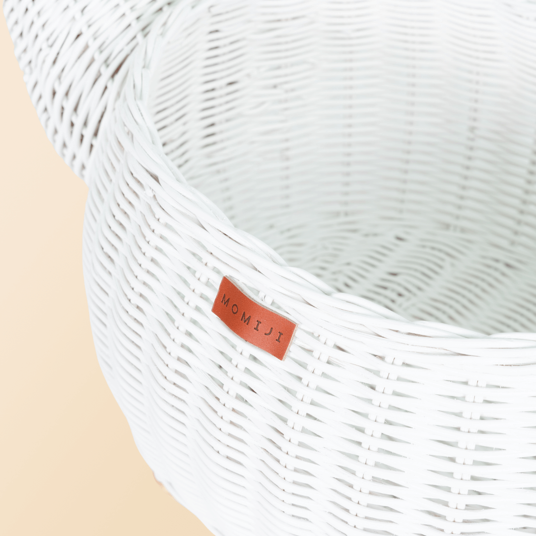 Dinosaur Rattan Storage Basket | White | Logo Zoomed In | MOMIJI