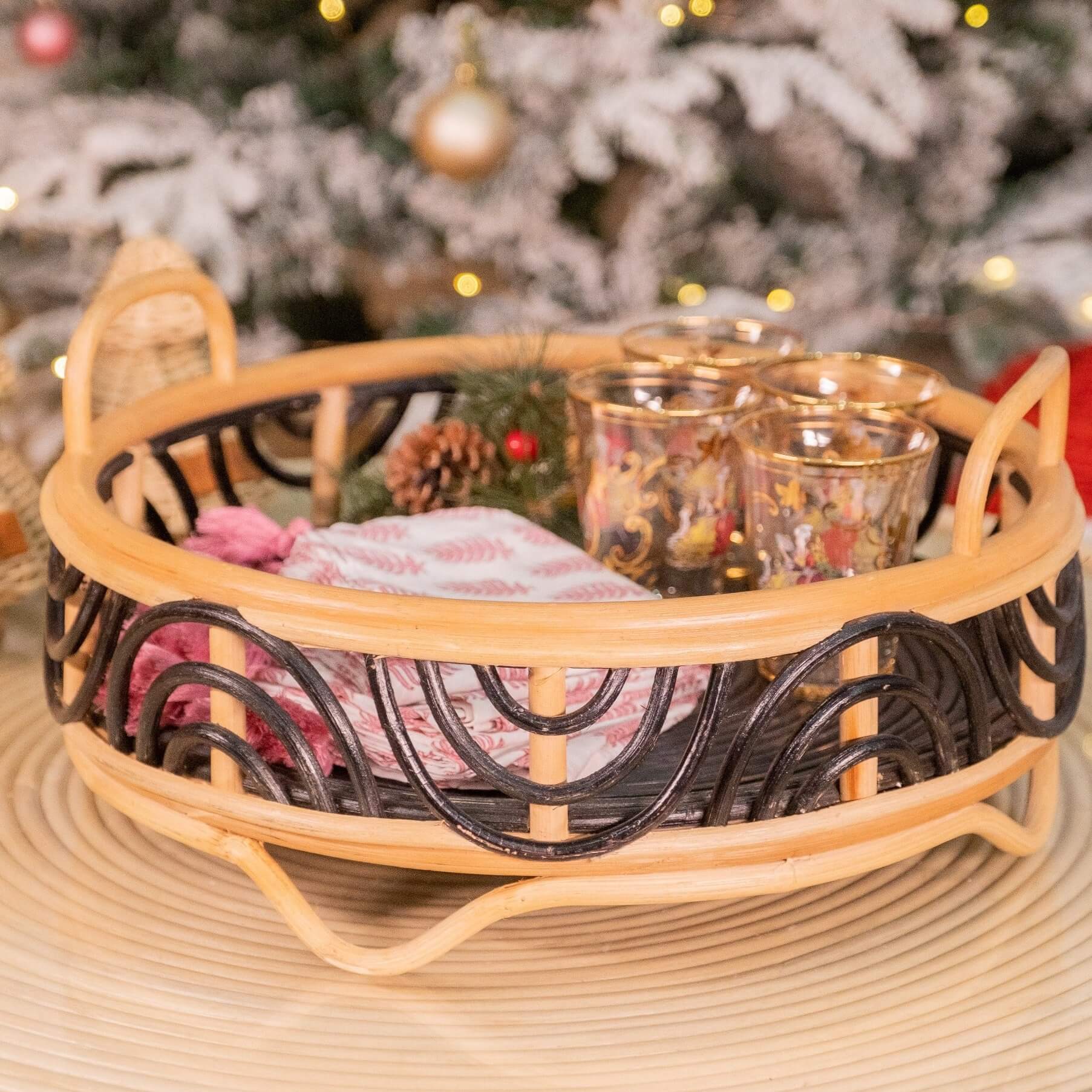 Belle Rattan Tray | Black & Brown Round Rattan Tray | Items Inside| MOMIJI