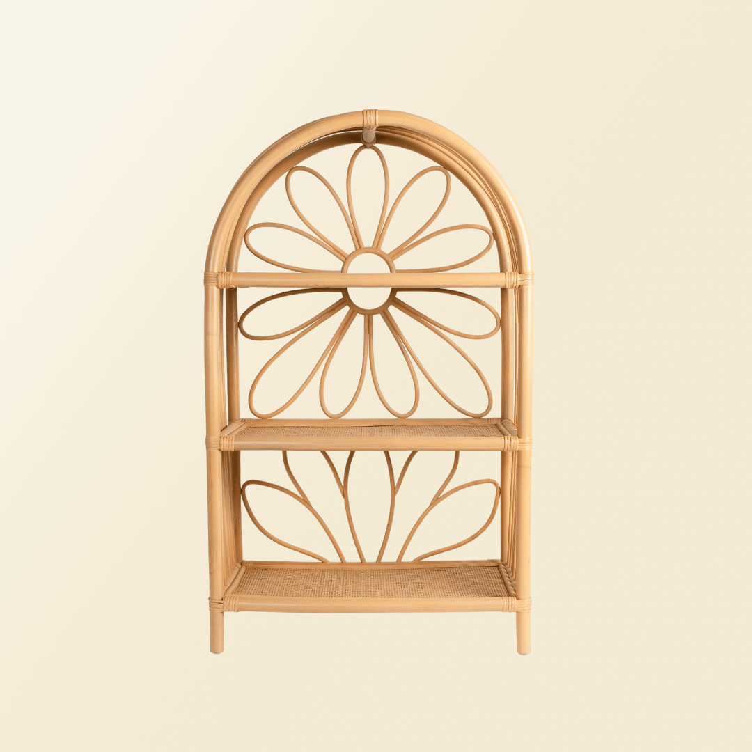 Front view of the Daisy Arch Shelf by MOMIJI showing its three-tier storage design.