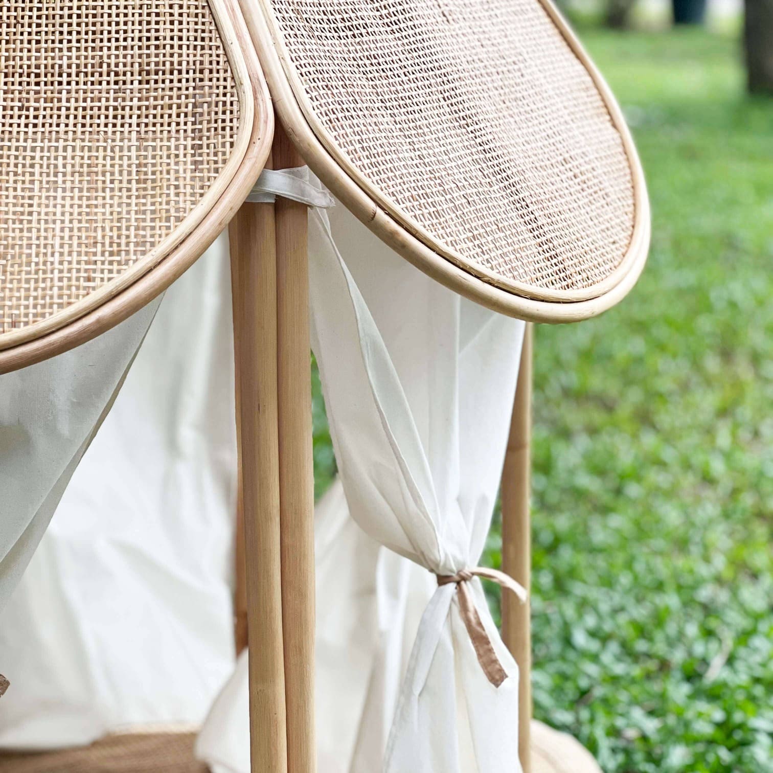 Close-up of the woven roof detail on the handcrafted rattan wicker Leon Circus Tent by MOMIJI.