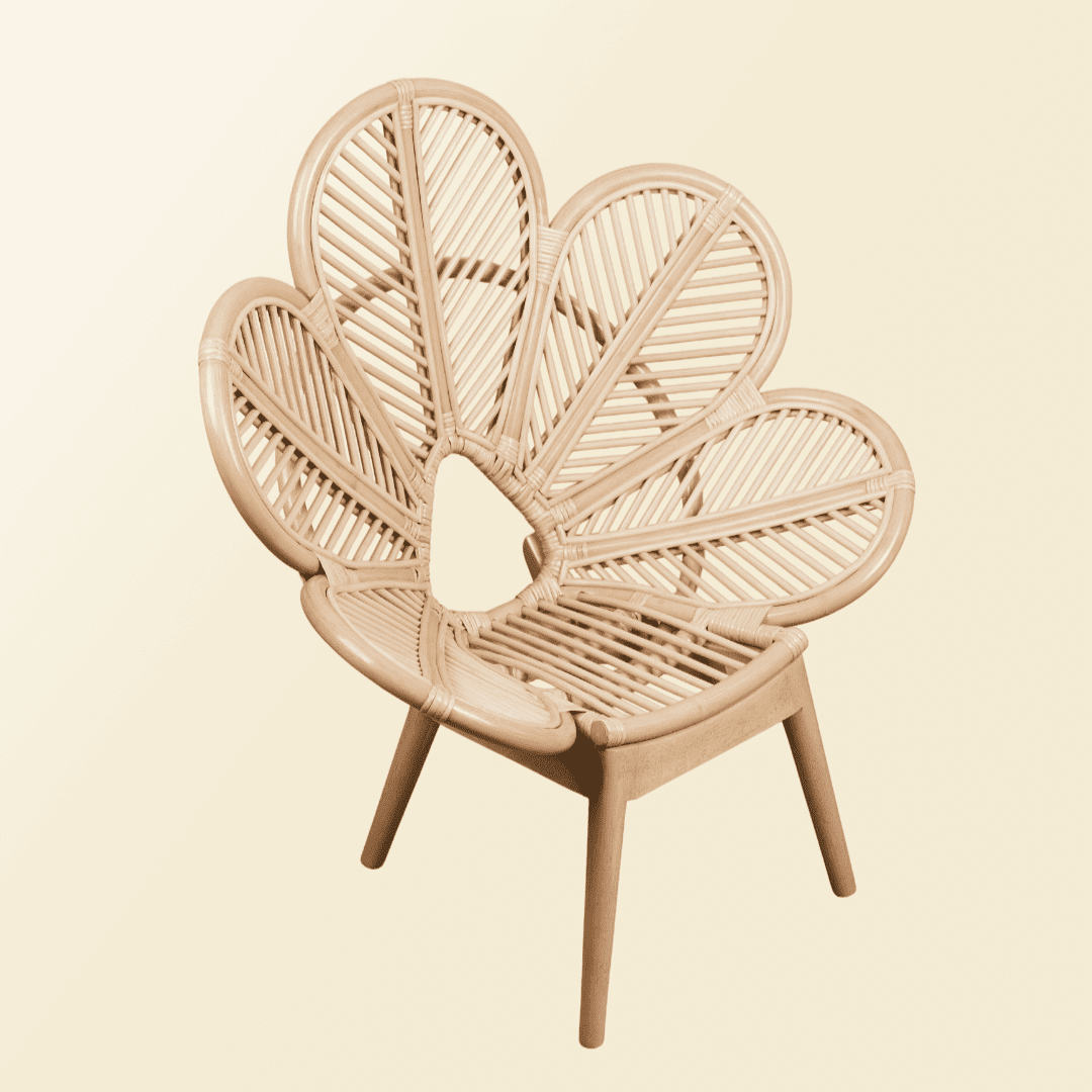 Angled view of the handcrafted rattan Petal Kids Chair by MOMIJI without cushion, highlighting its floral-inspired backrest design.
