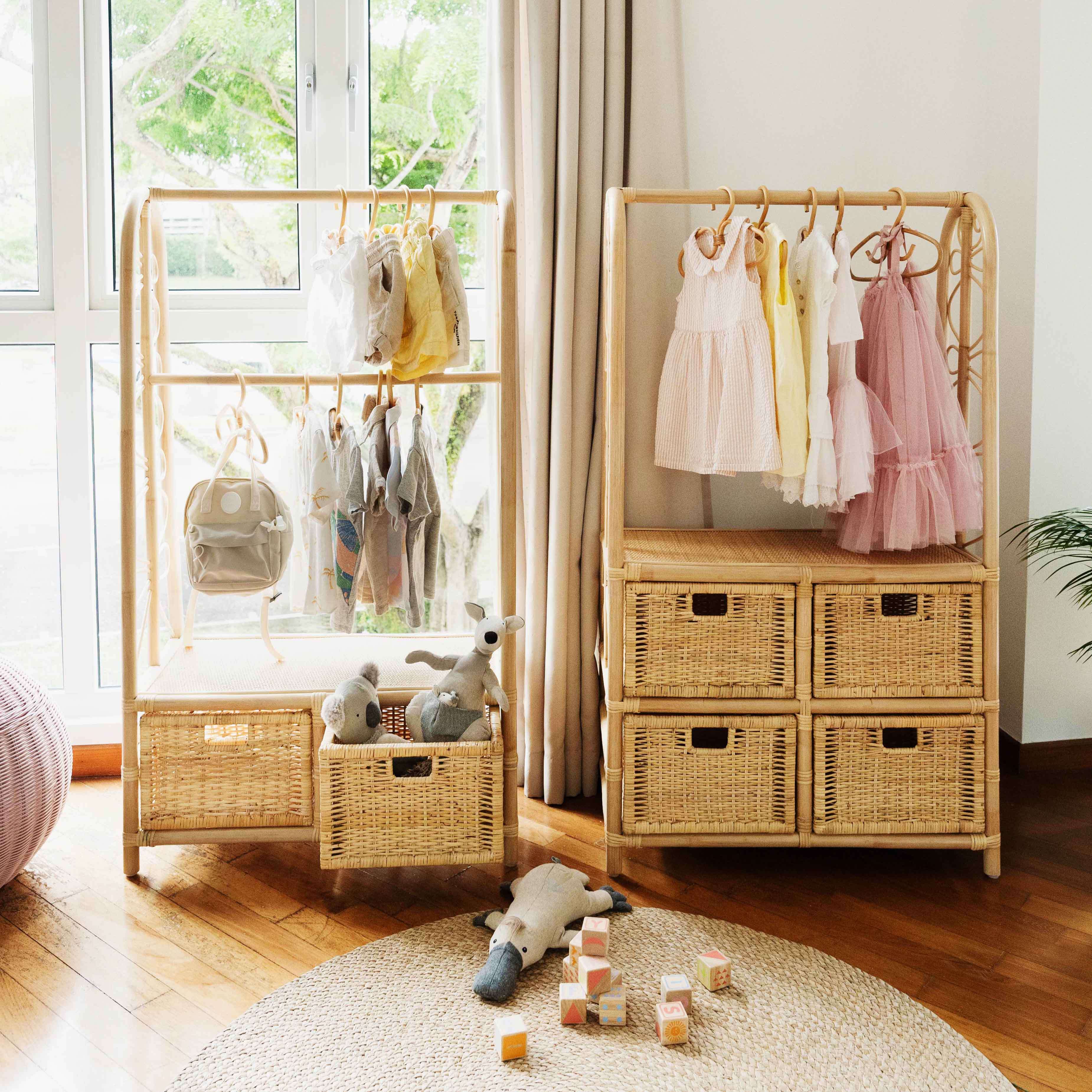 Rattan Clothing Racks | Belle Kids Clothing Rack with 2 and 4 Drawers | Clothes in Rattan Hangers in Rack | MOMIJI