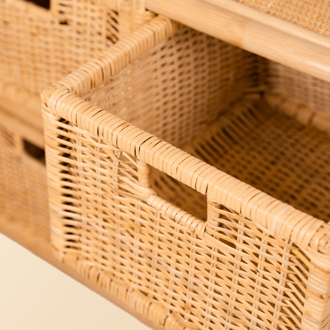 Rattan Clothing Rack | Belle Kids Clothing Rack with 4 Rattan Drawers | Close up View of Drawers | MOMIJI