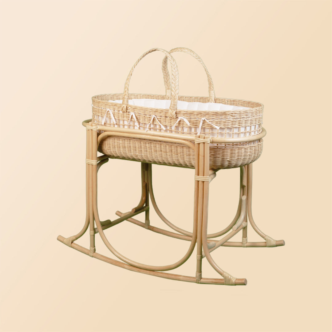 Angled view of the rocking stand for the Vera Moses Basket by MOMIJI.