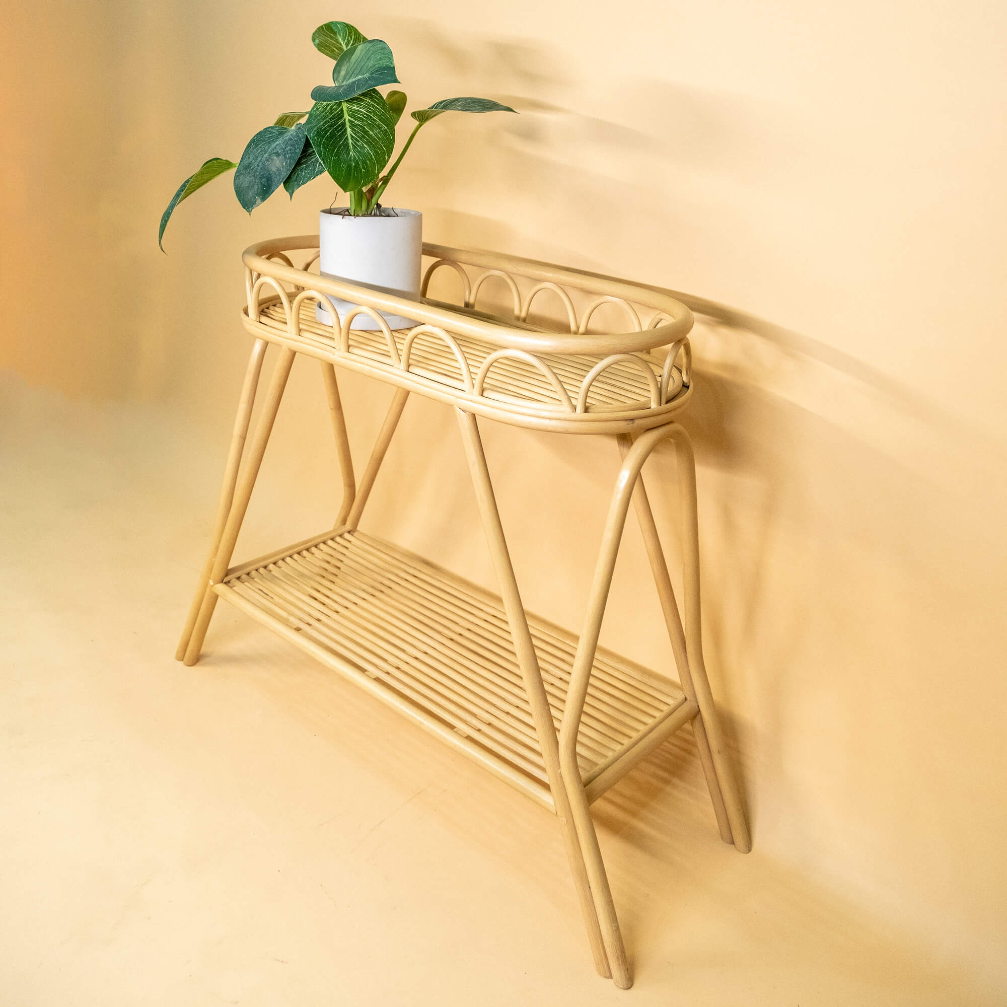 Angled view of the Sage Wicker Plant Stand by MOMIJI with a plant placed on the top tray.