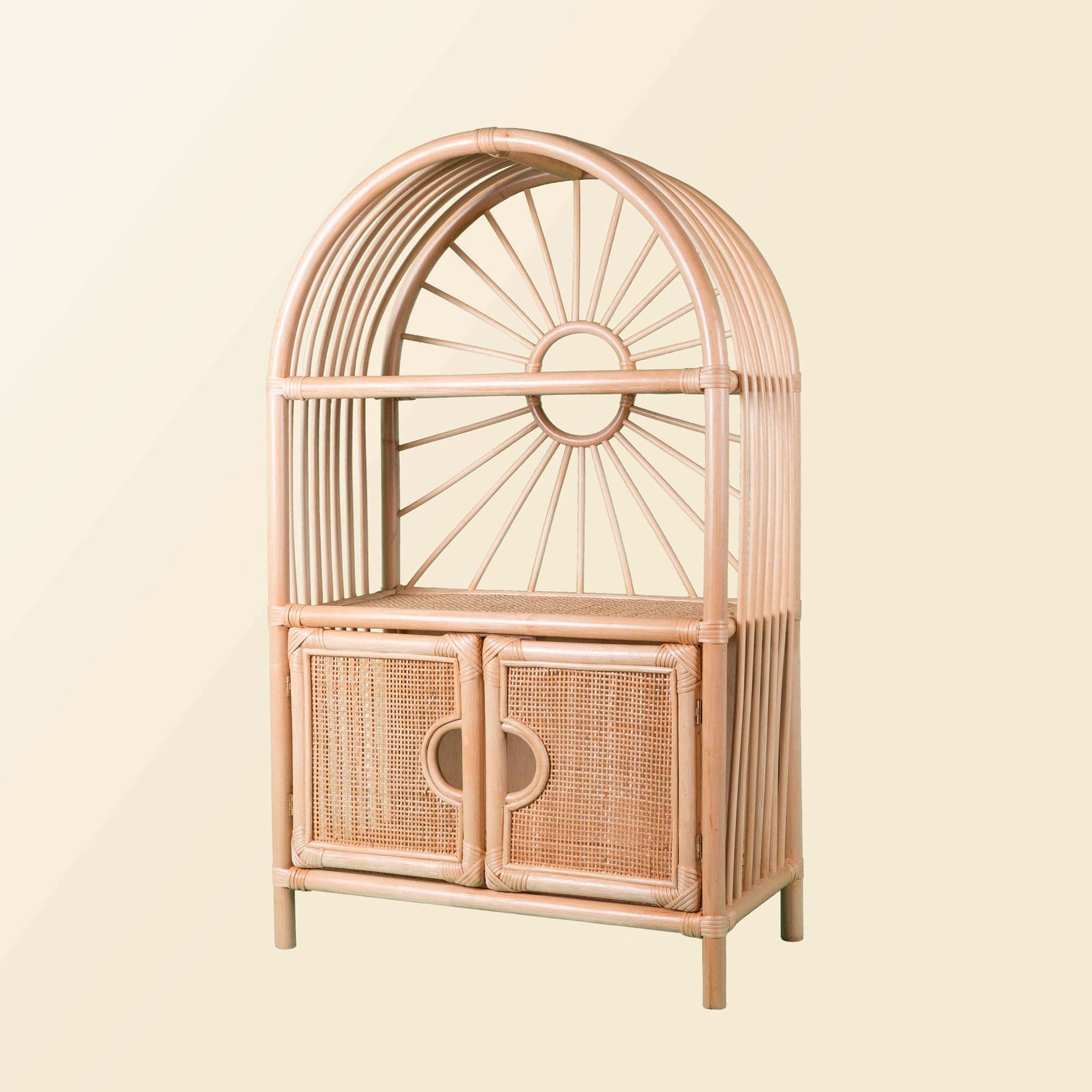 Angled view of the Sunshine Arch Cabinet Shelf by MOMIJI, highlighting its overall form and structure.