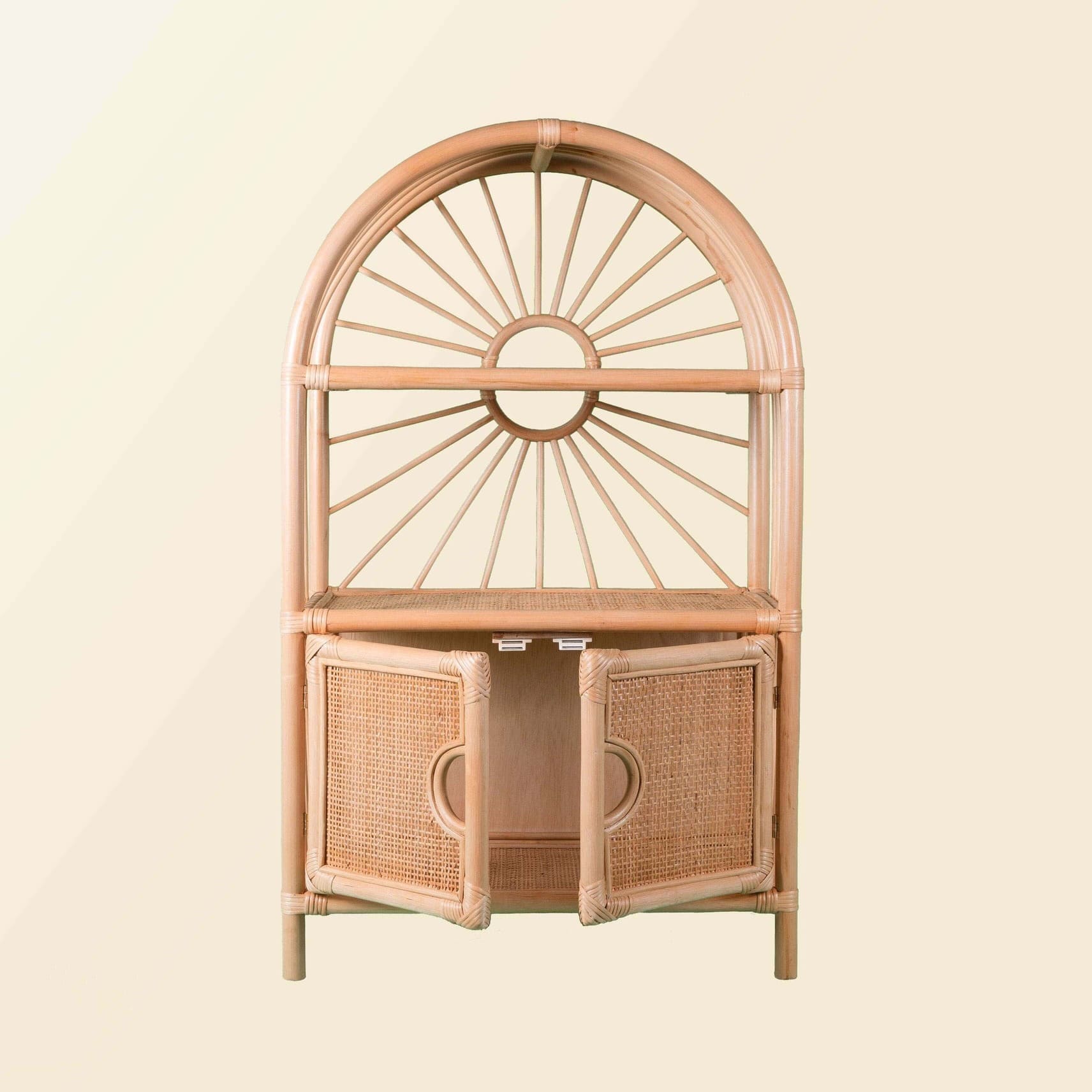 Front view of the handcrafted rattan Sunshine Arch Cabinet Shelf by MOMIJI with cabinet doors opened, revealing interior storage.