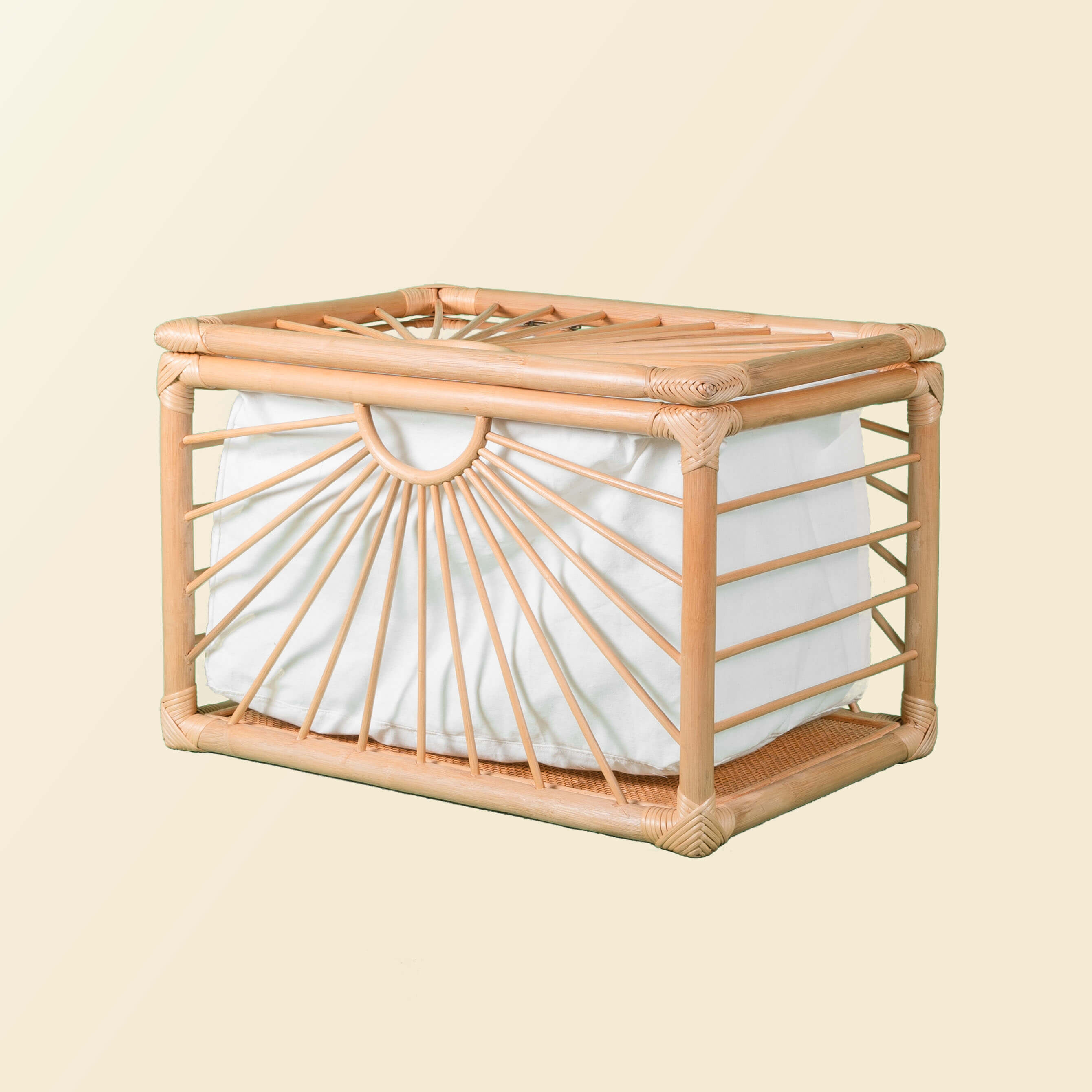 Angled view of the wicker Xander Trunk by MOMIJI highlighting its woven structure.