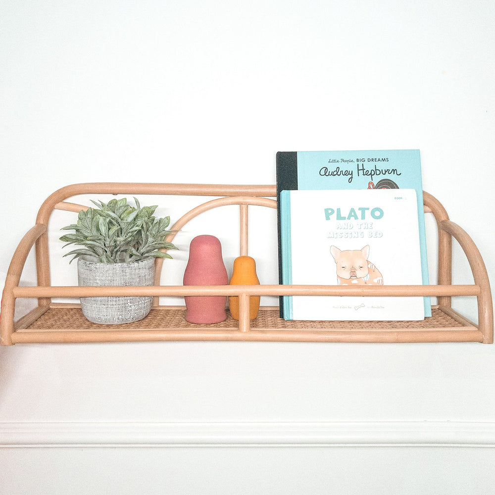 Rattan Shelves | Eloise Wall Display Shelf with Kids Books & Decor | Momiji