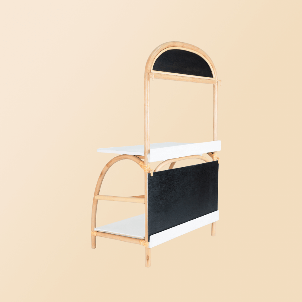 Angled view of the back side of the 3-in-1 furniture by MOMIJI showing the chalkboard.