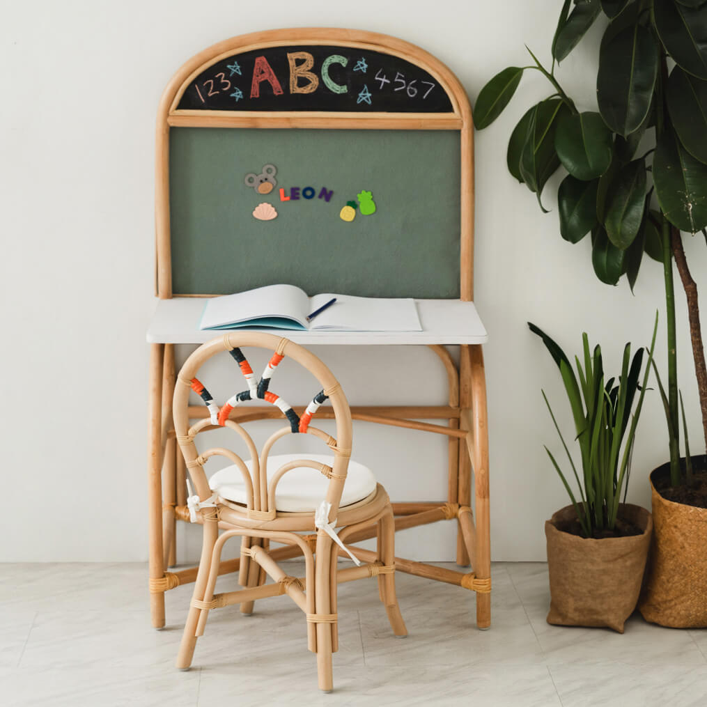 Front view of the 3-in-1 furniture by MOMIJI converted into a study desk and learning board.