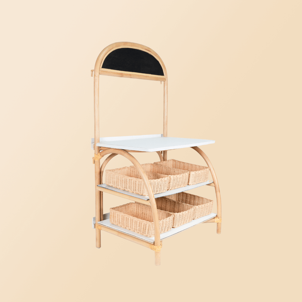 Angled view of the 3-in-1 furniture by MOMIJI in grocery store mode.