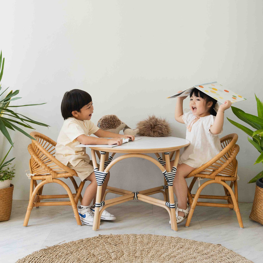 Rattan Table and Chair | Aulia Kids Table - Medium & Maya Kids Chair | Toddlers Playing | MOMIJI