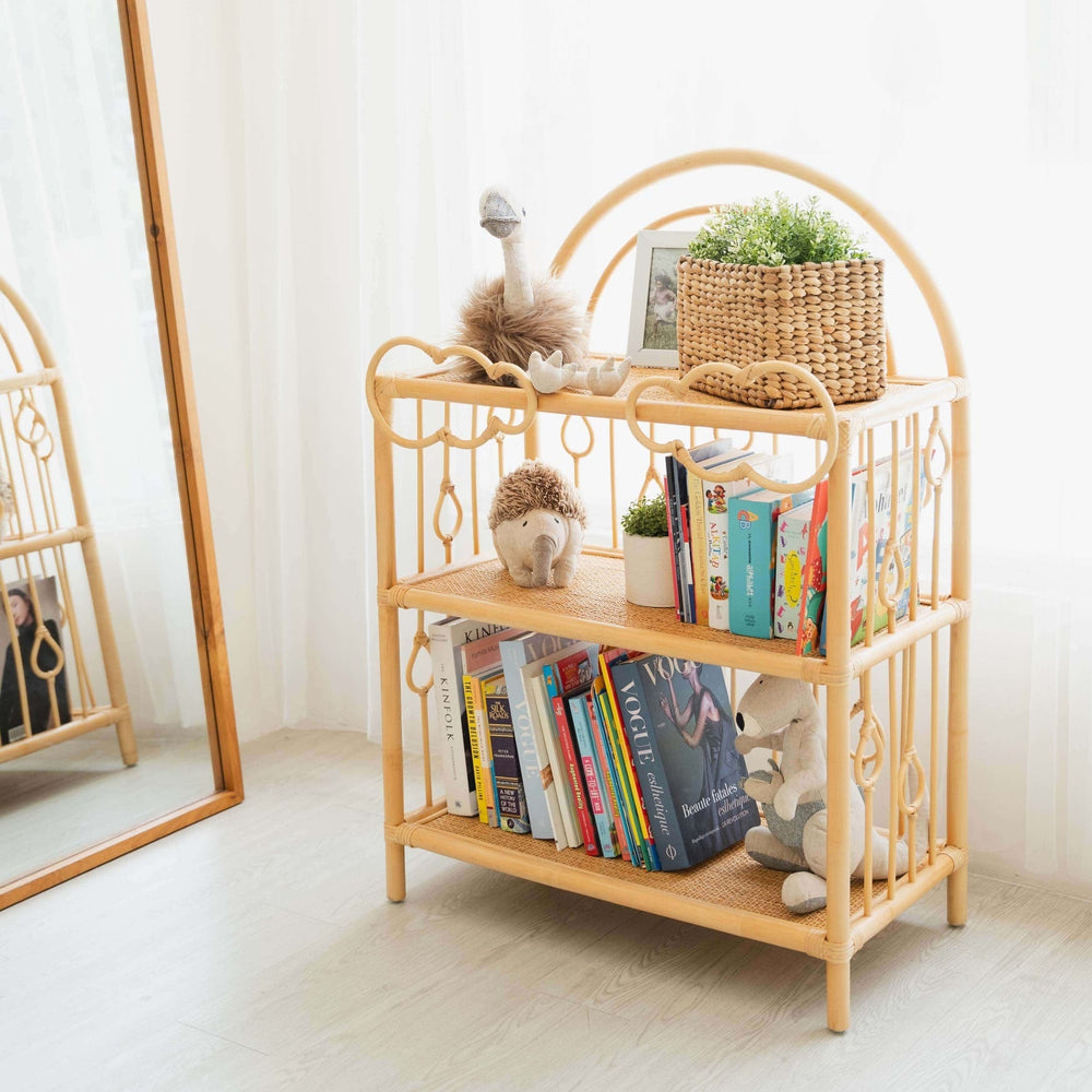 
Wooden After the Rain Shelf by MOMIJI styled with books, plants, and decorative items in a room with a mirror.