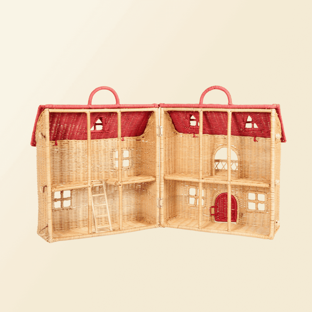 Interior view of the Amy Dollhouse Tote by MOMIJI, showing its two-level play space.