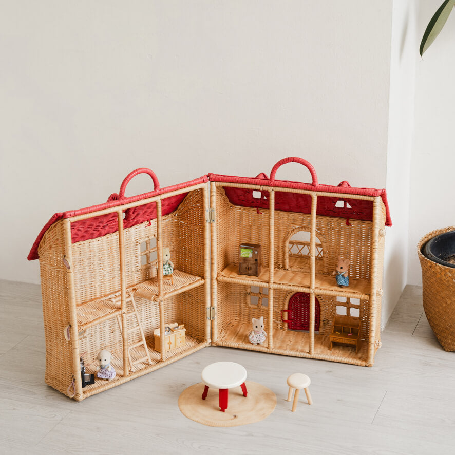 Interior display of the Amy Dollhouse Tote by MOMIJI showing its two-level play area, placed on the floor.