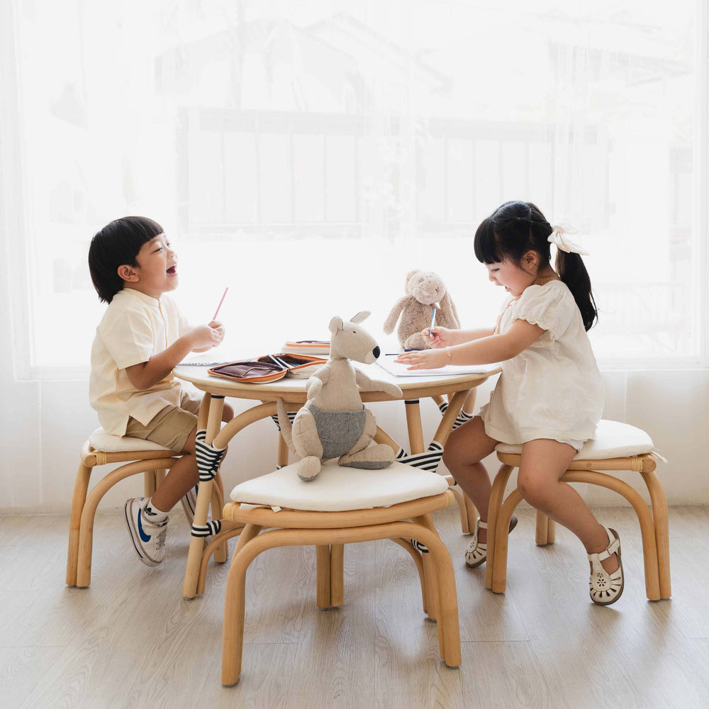 Rattan Table and Chairs​ | Aulia Kids Rattan Table with 4 Rattan Stools Set | Kids Sitting Down | MOMIJI 