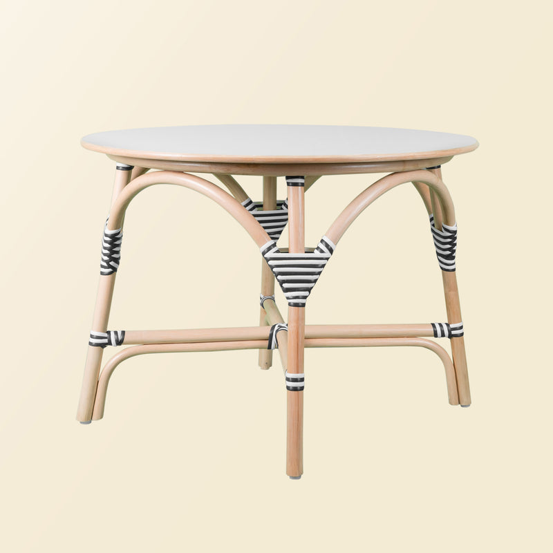 Front view of the handcrafted rattan wicker Aulia Kids Table – Medium by MOMIJI, featuring a sturdy structure with black and white wrapped details for strength and child-safe use.