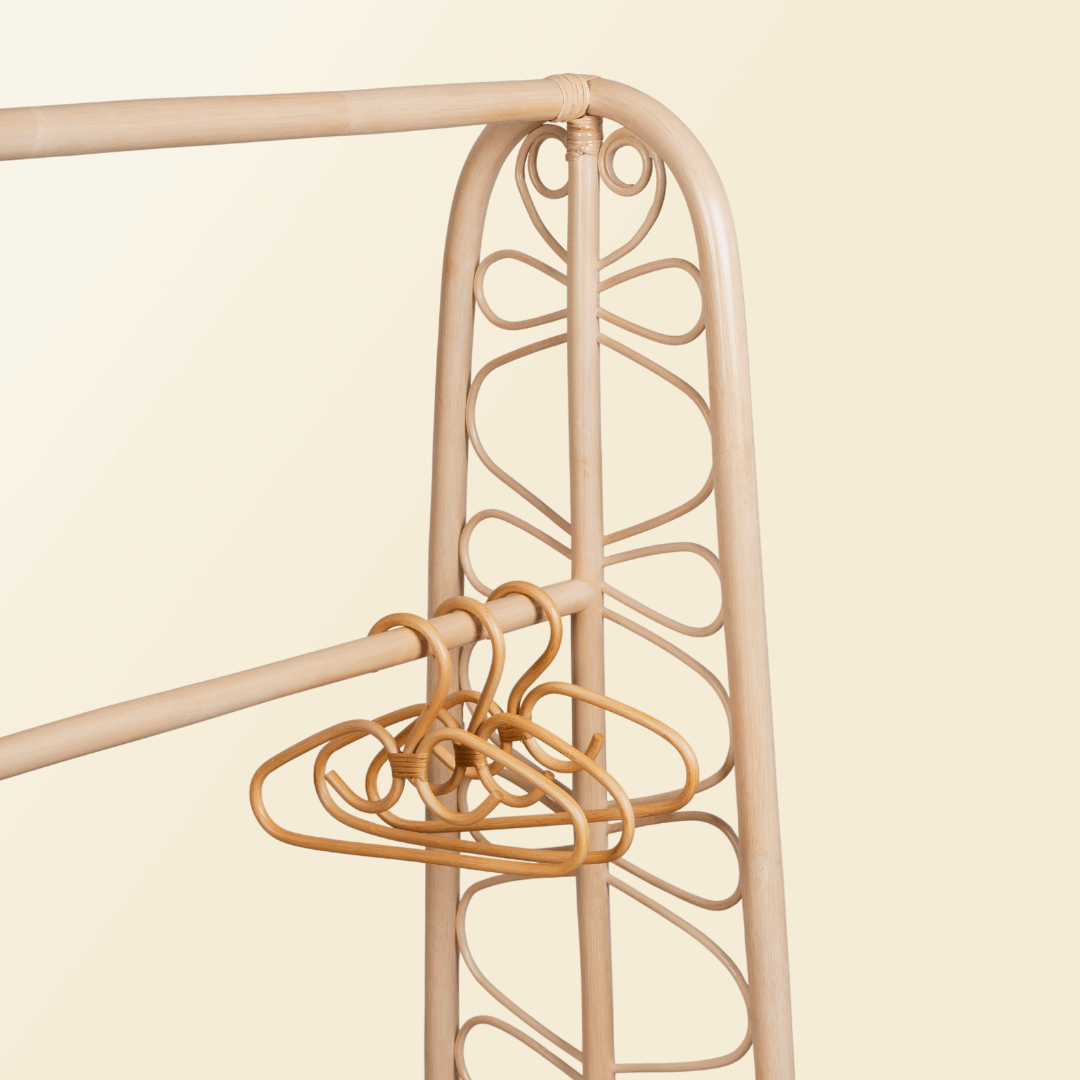 Rattan Clothing Rack |  Belle Kids Clothing Rack with 2 Rattan Drawers | Carving Detail | MOMIJI