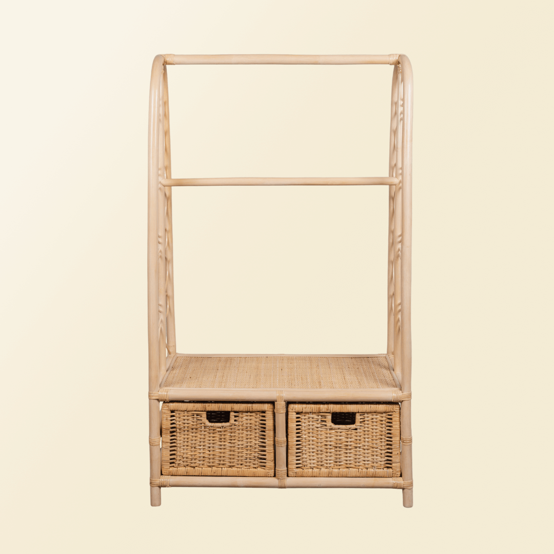 Rattan Clothing Rack |  Belle Kids Clothing Rack with 2 Rattan Drawers | Front View | MOMIJI