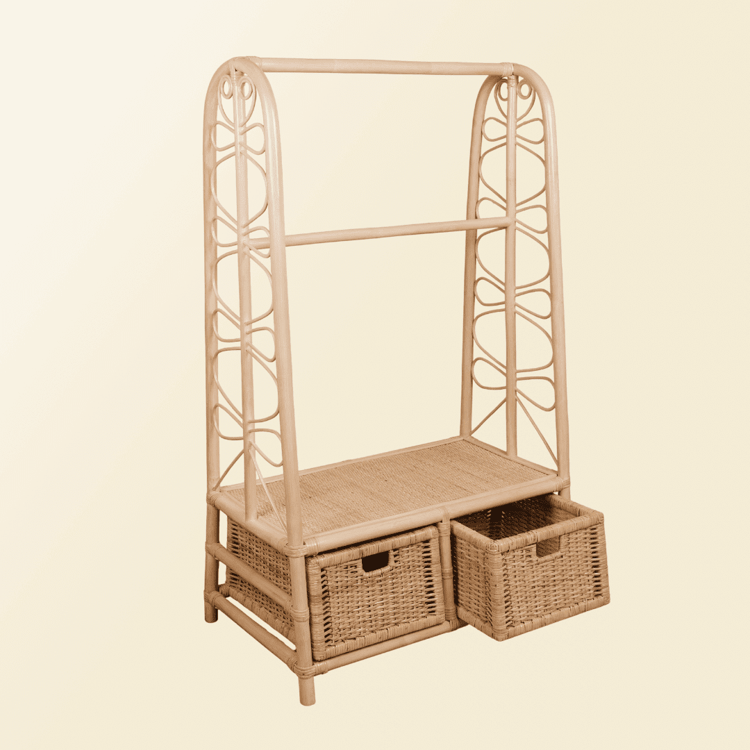 Rattan Clothing Rack |  Belle Kids Clothing Rack with 2 Rattan Drawers |  Drawers Opened | MOMIJI