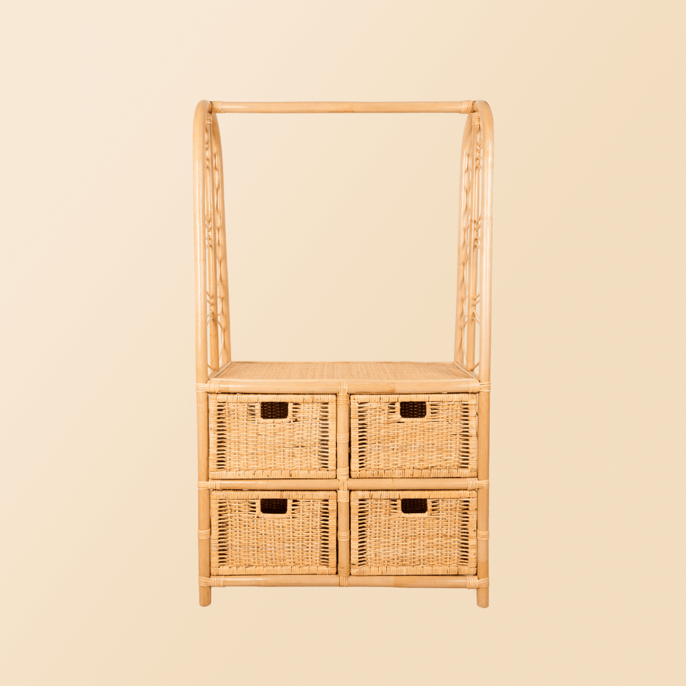 Rattan Clothing Rack | Belle Kids Clothing Rack with 4 Drawers | Front View | MOMIJI