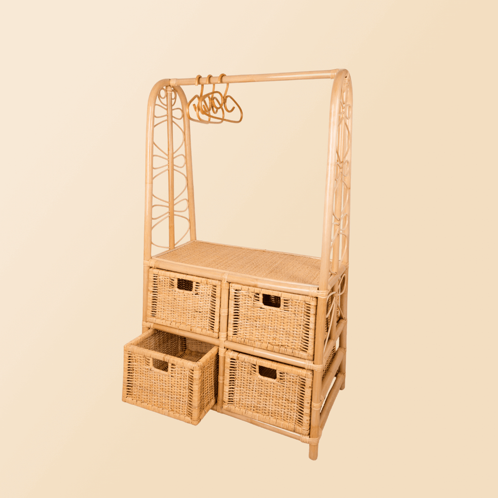 Rattan Clothing Rack | Belle Kids Clothing Rack with 4 Drawers with Rattan Hangers | MOMIJI