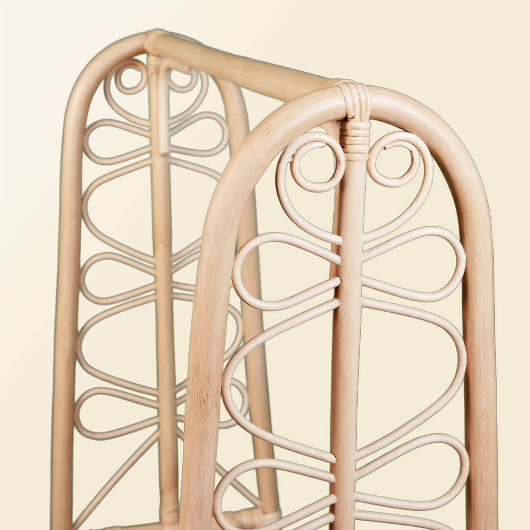 Close-up of the carved side detail of the Belle Kids Montessori Clothing Rack by MOMIJI.