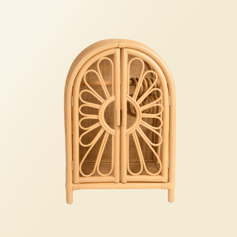 Front view of the Blossom Doll Closet by MOMIJI with floral-patterned doors.