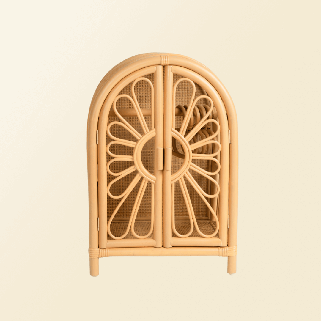 Front view of the Blossom Doll Closet by MOMIJI with floral-patterned doors.