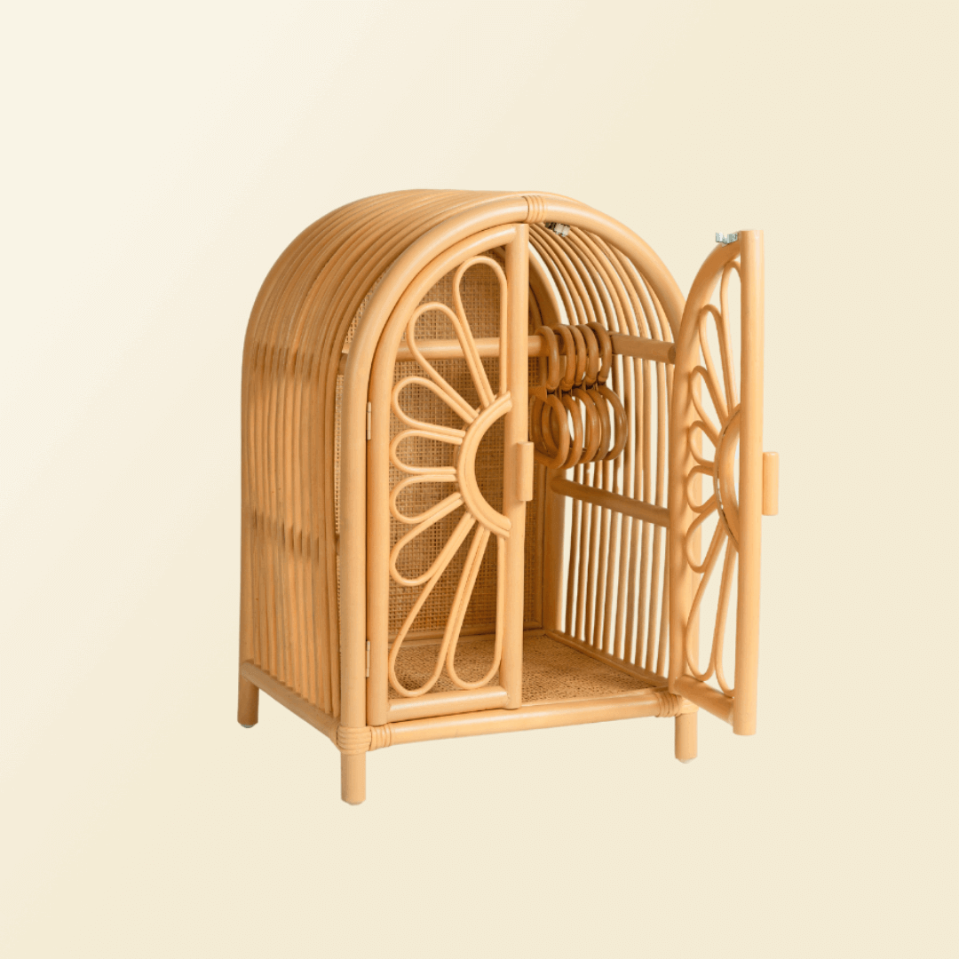 Front view of the Blossom Doll Closet by MOMIJI with one door open, showing the hanging area.