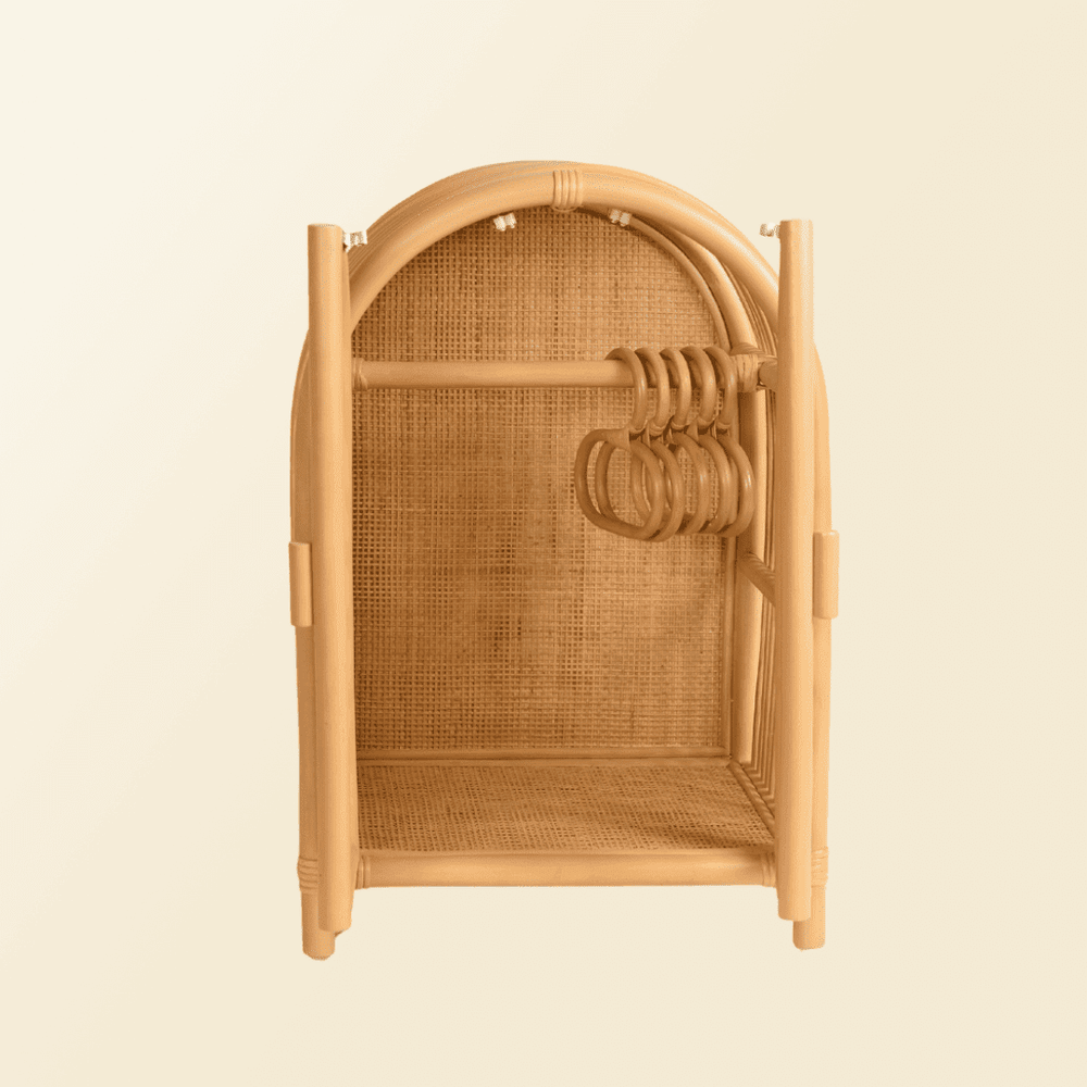 Open view of the Blossom Doll Closet by MOMIJI showing hooks and hanging doll clothes.