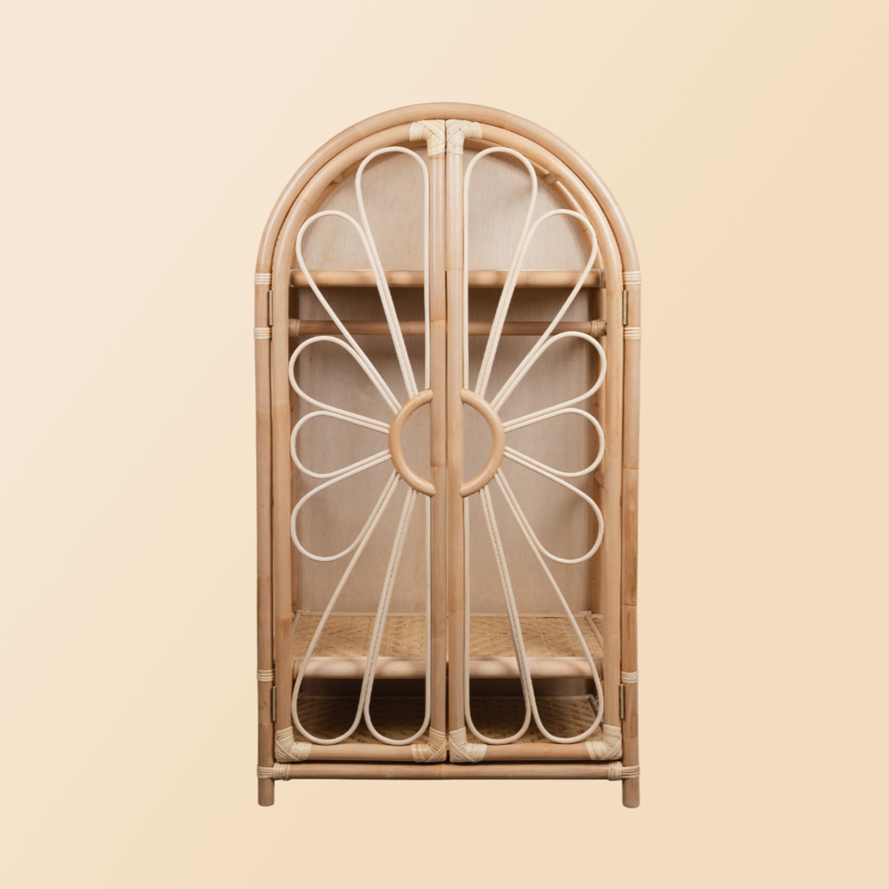 Rattan wicker wardrobe cabinet with decorative floor design, front view, doors closed, clothing rack and display shelves