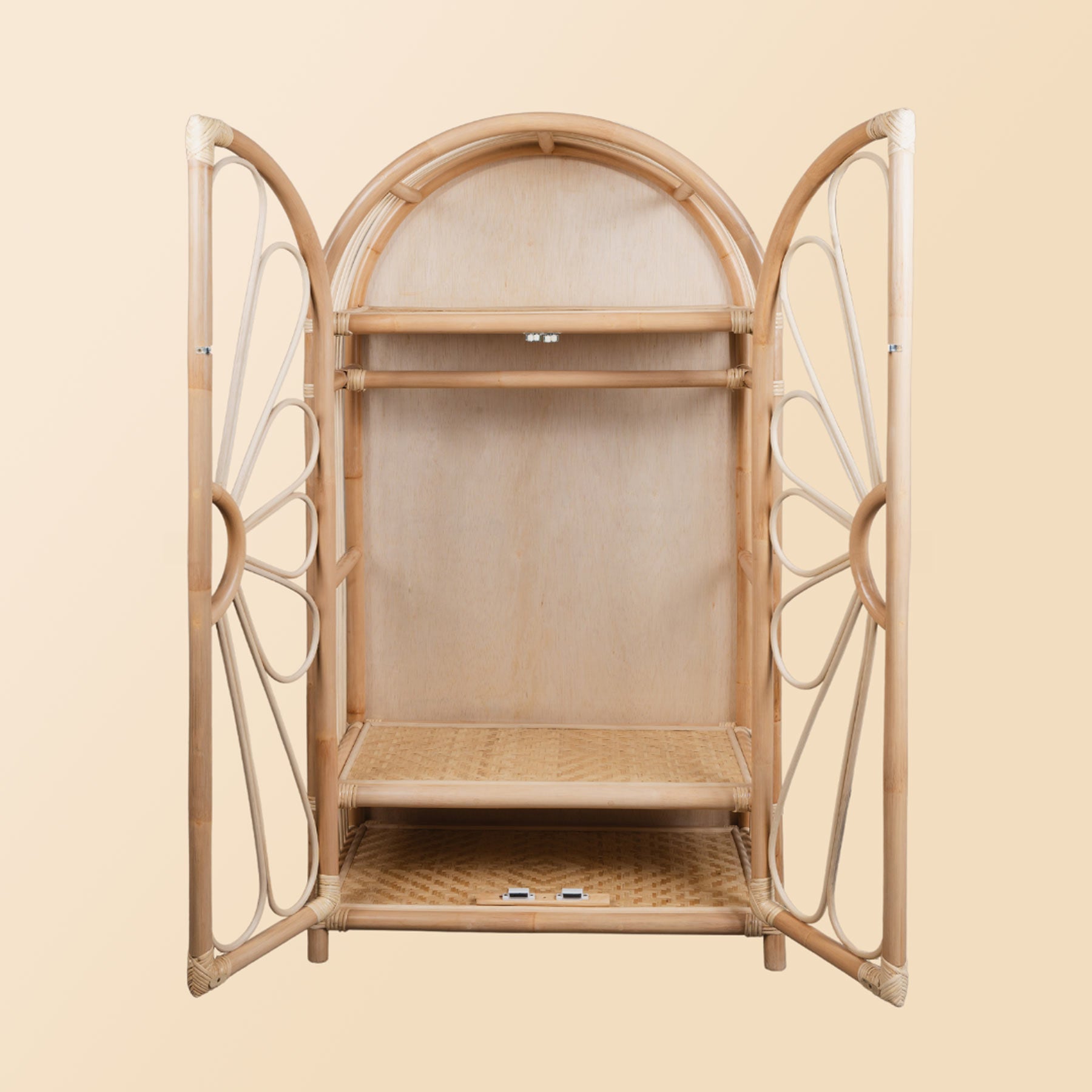 Front view of rattan wicker wardrobe cabinet with open doors and clothing rack inside