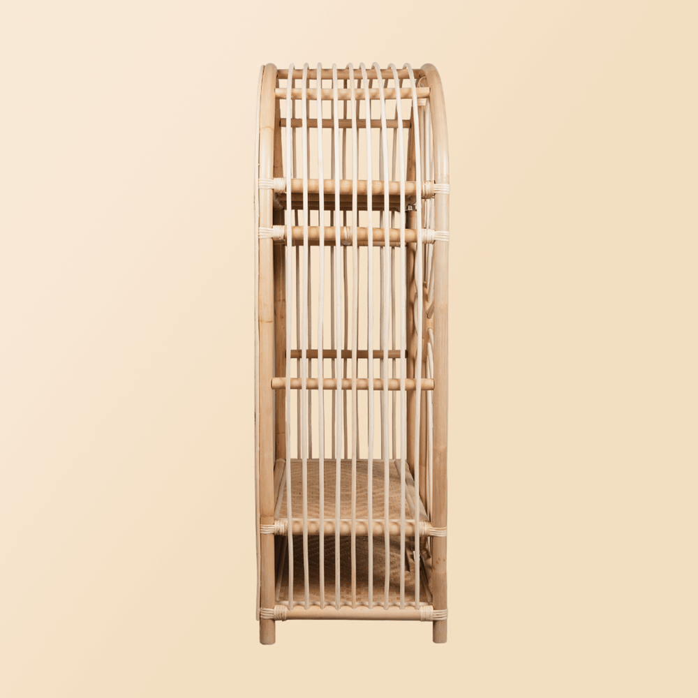 Side view of the handcrafted rattan Blossom Kids Wardrobe by MOMIJI.