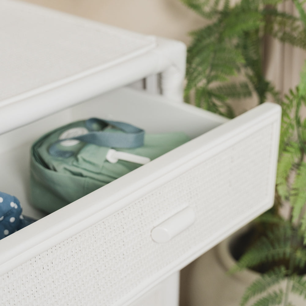 Rattan Dresser | Coastal Haven Drawers | Close Up Shot of Open Drawer | Momiji