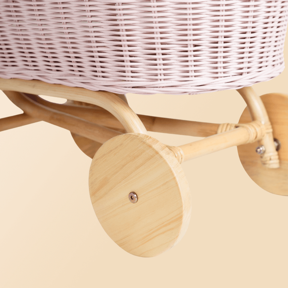 Colette Doll Stroller | Wheels Close Up | Rattan | Pink | MOMIJI