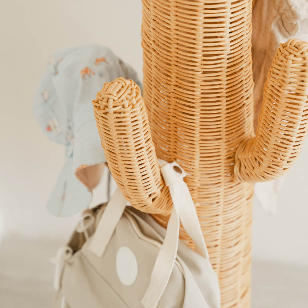 Close-up of the arm detail of the handcrafted Cactus Kids Coat Light Stand by MOMIJI, designed as a playful and functional bag hanger.