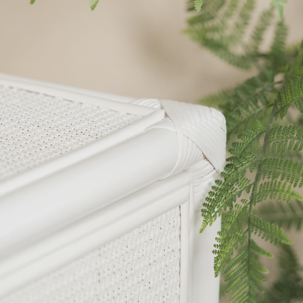 Close-up of the wrapped edge detail on the handcrafted rattan wicker Coastal Haven Drawers by MOMIJI, highlighting durable craftsmanship.