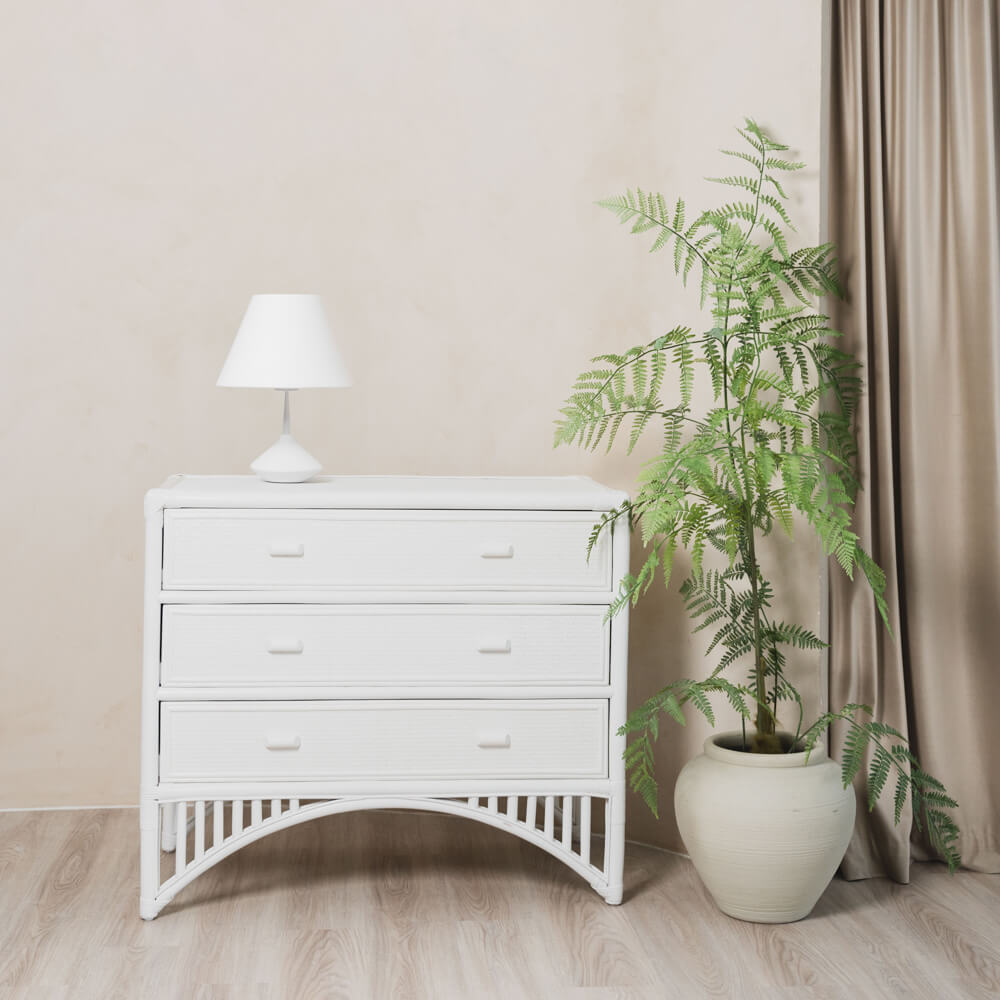 Front view of the handcrafted rattan Coastal Haven Drawers by MOMIJI styled with a table lamp on top and a potted plant beside it.