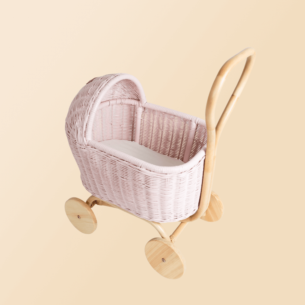 Angled back view of the Colette Doll Stroller by MOMIJI, showing its structure and wheels.