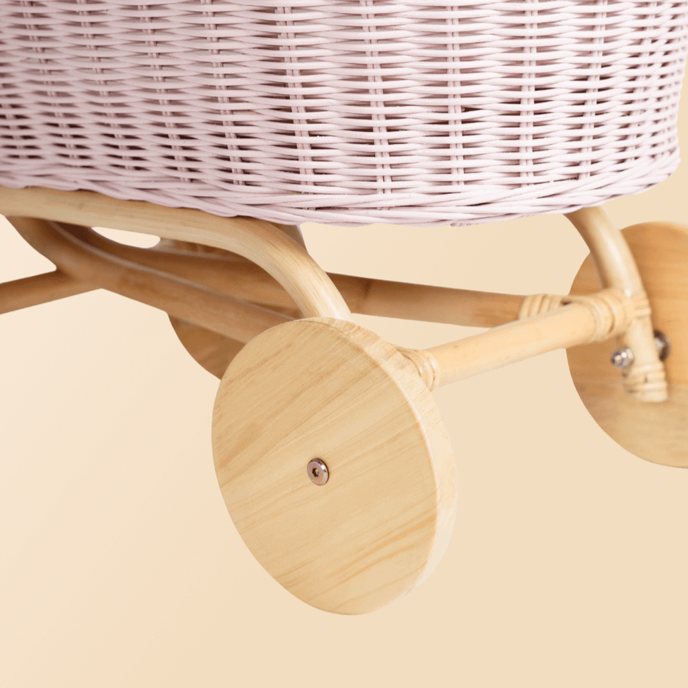 Close-up of the wheel detail on the Colette Doll Stroller by MOMIJI.