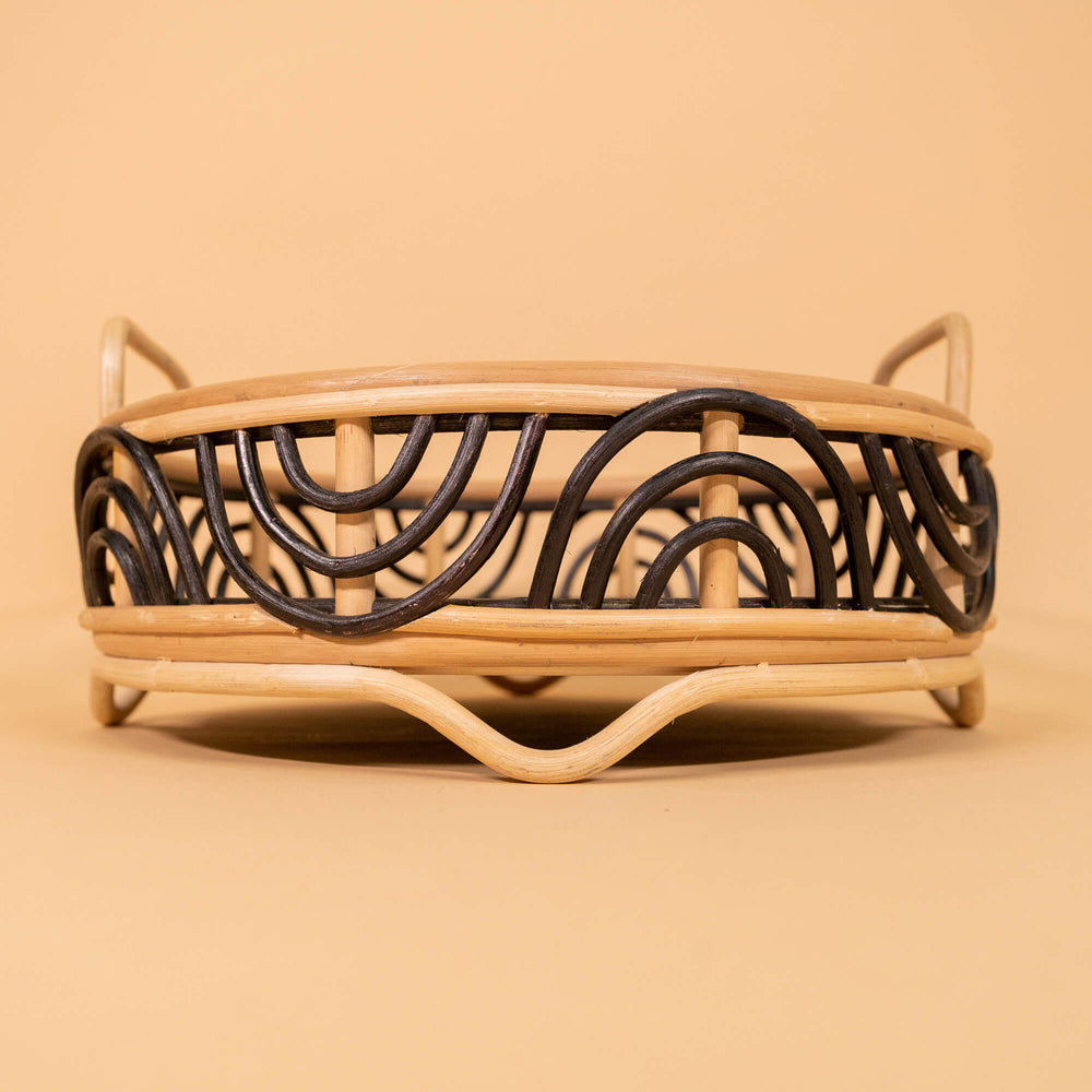 Belle Rattan Tray | Black & Brown Round Rattan Tray | MOMIJI