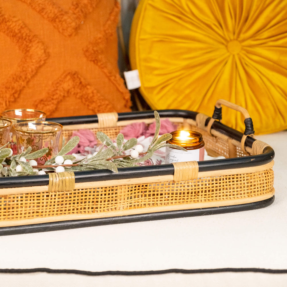 Coco Serving Rattan Tray - Medium | Accessories in Serving Rattan Tray | Natural and Black | MOMIJI