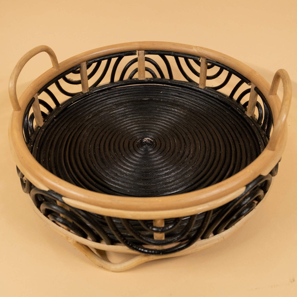 Belle Rattan Tray | Black & Brown Round Rattan Tray | MOMIJI