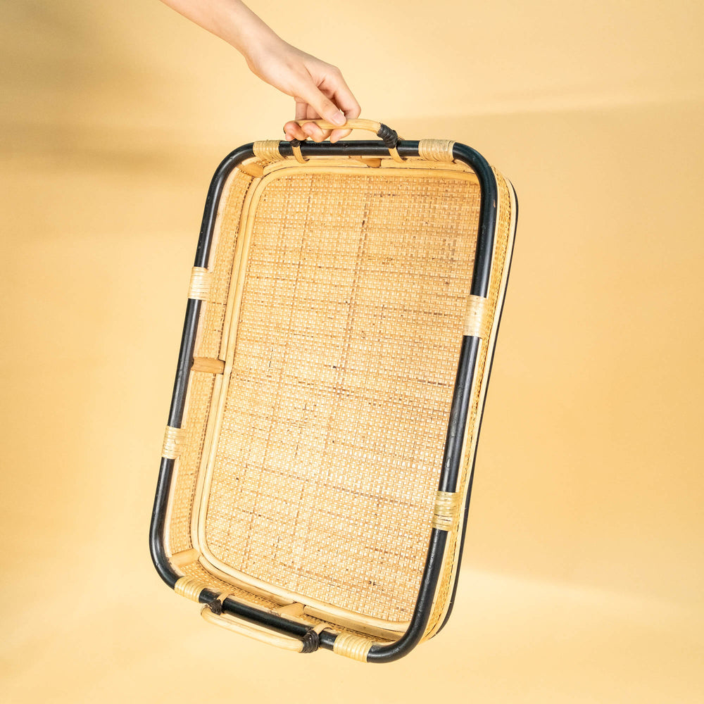 Coco Serving Rattan Tray - Medium | Serving Rattan Tray | Natural and Black | MOMIJI